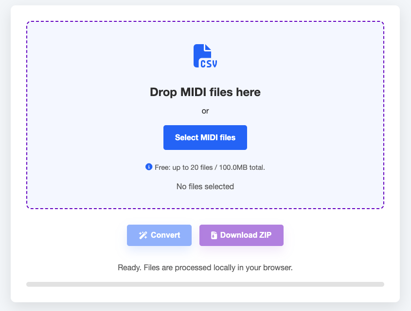 MidiEasy MIDI to CSV converter upload area and convert buttons