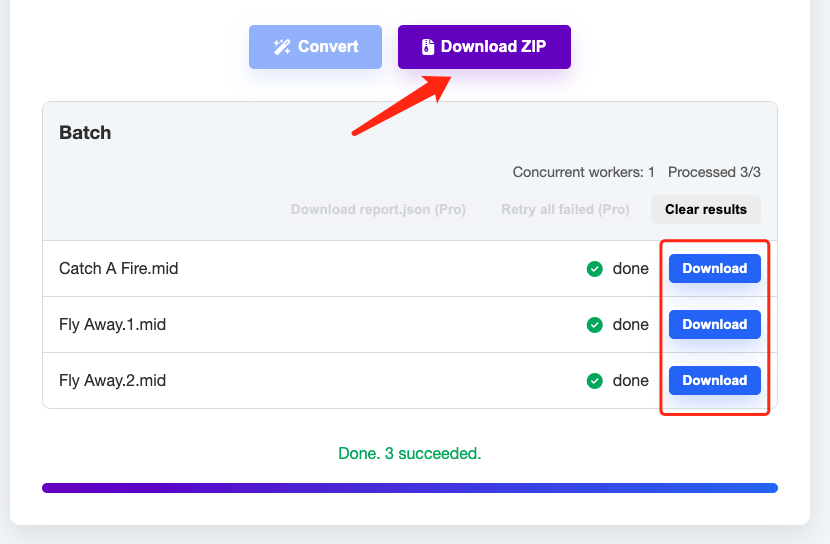 Downloading CSV and ZIP results after converting MIDI files